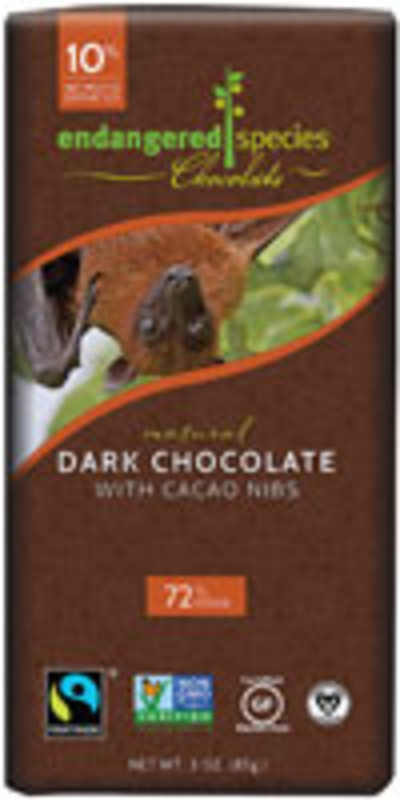 The Endangered Species Dark Chocolate 72% Cocoa Bar Vegan Gluten Free Cocoa Nibs -- 3 oz product image